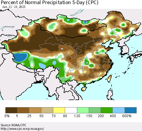 China, Mongolia and Taiwan Percent of Normal Precipitation 5-Day (CPC) Thematic Map For 6/11/2023 - 6/15/2023