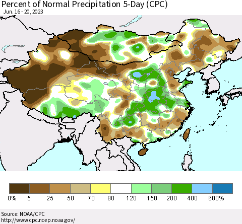 China, Mongolia and Taiwan Percent of Normal Precipitation 5-Day (CPC) Thematic Map For 6/16/2023 - 6/20/2023
