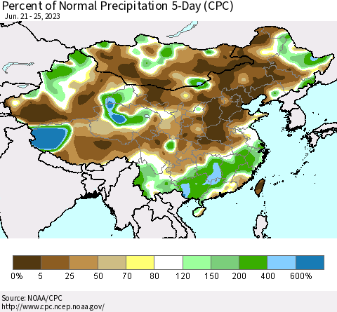 China, Mongolia and Taiwan Percent of Normal Precipitation 5-Day (CPC) Thematic Map For 6/21/2023 - 6/25/2023