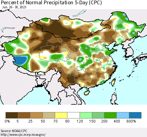 China, Mongolia and Taiwan Percent of Normal Precipitation 5-Day (CPC) Thematic Map For 6/26/2023 - 6/30/2023