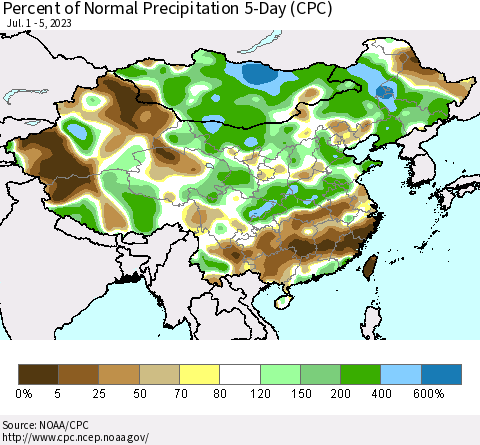 China, Mongolia and Taiwan Percent of Normal Precipitation 5-Day (CPC) Thematic Map For 7/1/2023 - 7/5/2023