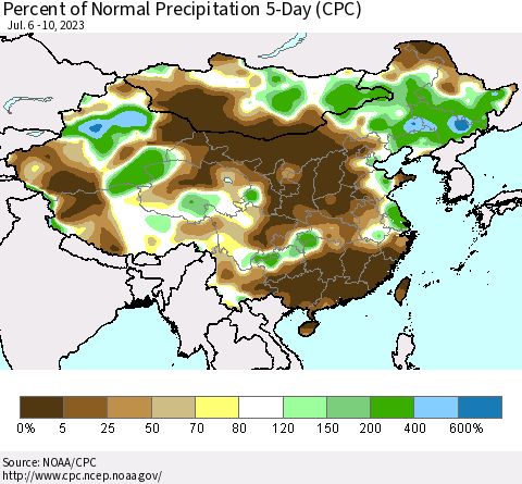 China, Mongolia and Taiwan Percent of Normal Precipitation 5-Day (CPC) Thematic Map For 7/6/2023 - 7/10/2023