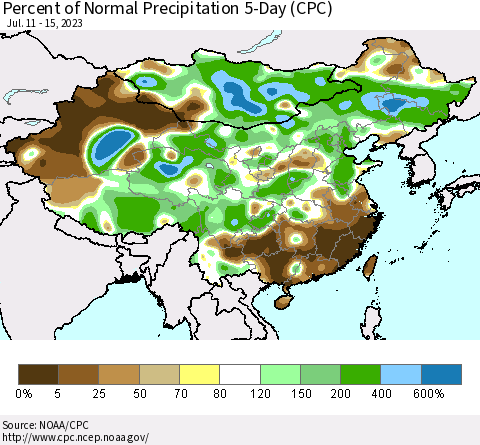 China, Mongolia and Taiwan Percent of Normal Precipitation 5-Day (CPC) Thematic Map For 7/11/2023 - 7/15/2023