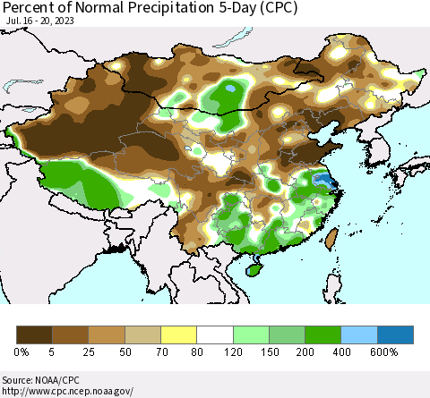 China, Mongolia and Taiwan Percent of Normal Precipitation 5-Day (CPC) Thematic Map For 7/16/2023 - 7/20/2023