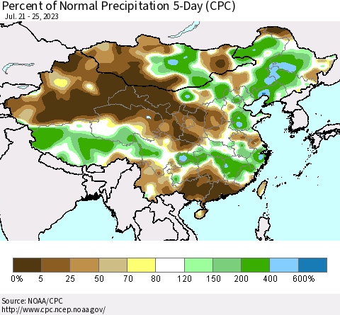 China, Mongolia and Taiwan Percent of Normal Precipitation 5-Day (CPC) Thematic Map For 7/21/2023 - 7/25/2023