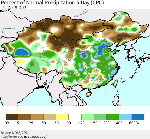 China, Mongolia and Taiwan Percent of Normal Precipitation 5-Day (CPC) Thematic Map For 7/26/2023 - 7/31/2023