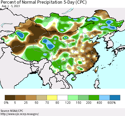 China, Mongolia and Taiwan Percent of Normal Precipitation 5-Day (CPC) Thematic Map For 8/1/2023 - 8/5/2023