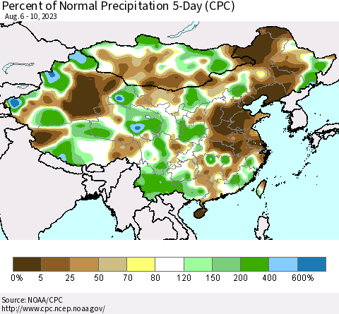 China, Mongolia and Taiwan Percent of Normal Precipitation 5-Day (CPC) Thematic Map For 8/6/2023 - 8/10/2023