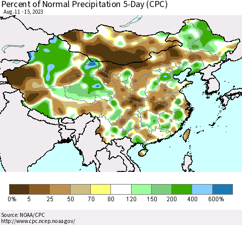 China, Mongolia and Taiwan Percent of Normal Precipitation 5-Day (CPC) Thematic Map For 8/11/2023 - 8/15/2023