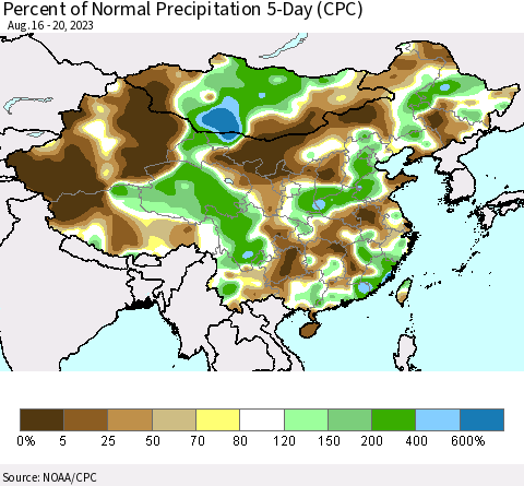 China, Mongolia and Taiwan Percent of Normal Precipitation 5-Day (CPC) Thematic Map For 8/16/2023 - 8/20/2023