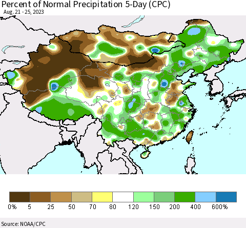 China, Mongolia and Taiwan Percent of Normal Precipitation 5-Day (CPC) Thematic Map For 8/21/2023 - 8/25/2023