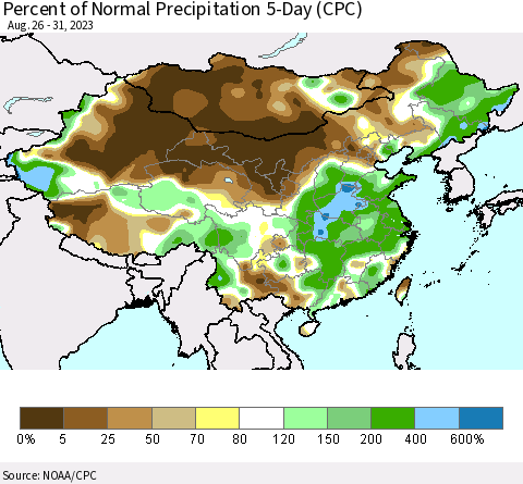 China, Mongolia and Taiwan Percent of Normal Precipitation 5-Day (CPC) Thematic Map For 8/26/2023 - 8/31/2023