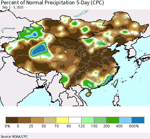 China, Mongolia and Taiwan Percent of Normal Precipitation 5-Day (CPC) Thematic Map For 9/1/2023 - 9/5/2023