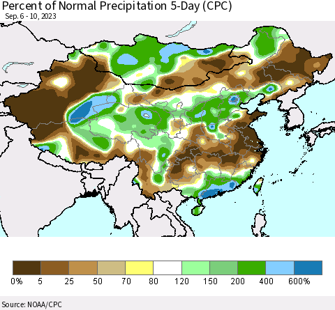 China, Mongolia and Taiwan Percent of Normal Precipitation 5-Day (CPC) Thematic Map For 9/6/2023 - 9/10/2023