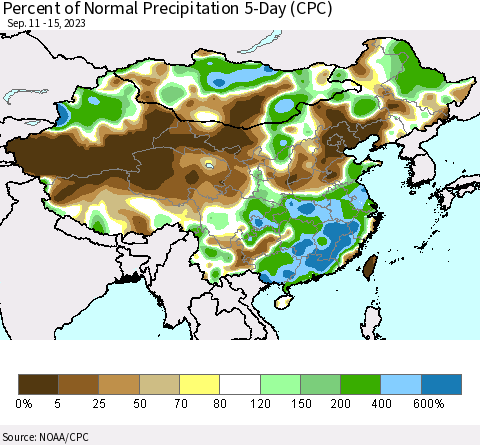 China, Mongolia and Taiwan Percent of Normal Precipitation 5-Day (CPC) Thematic Map For 9/11/2023 - 9/15/2023