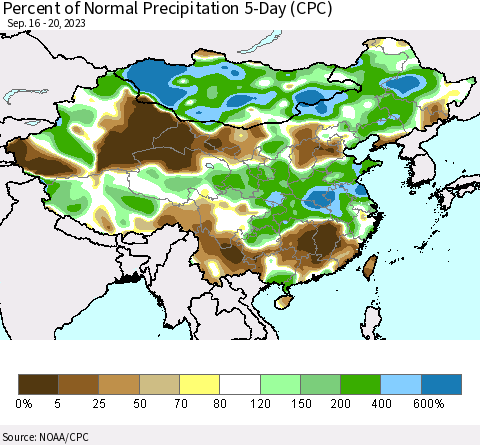 China, Mongolia and Taiwan Percent of Normal Precipitation 5-Day (CPC) Thematic Map For 9/16/2023 - 9/20/2023
