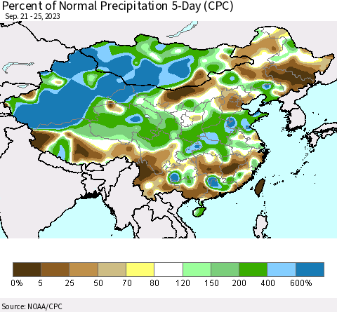 China, Mongolia and Taiwan Percent of Normal Precipitation 5-Day (CPC) Thematic Map For 9/21/2023 - 9/25/2023