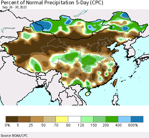 China, Mongolia and Taiwan Percent of Normal Precipitation 5-Day (CPC) Thematic Map For 9/26/2023 - 9/30/2023