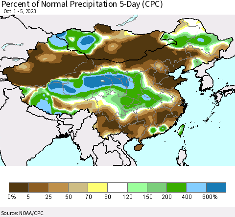 China, Mongolia and Taiwan Percent of Normal Precipitation 5-Day (CPC) Thematic Map For 10/1/2023 - 10/5/2023