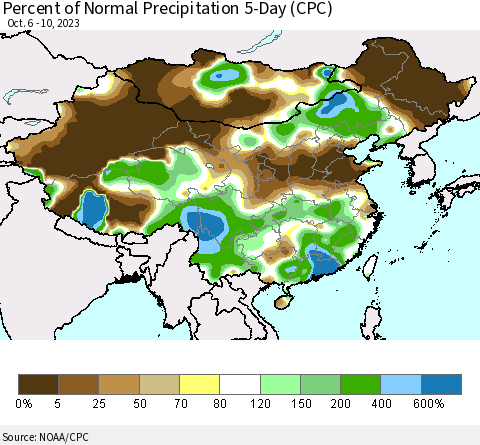 China, Mongolia and Taiwan Percent of Normal Precipitation 5-Day (CPC) Thematic Map For 10/6/2023 - 10/10/2023