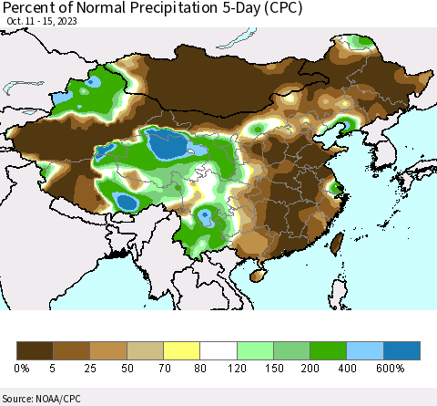 China, Mongolia and Taiwan Percent of Normal Precipitation 5-Day (CPC) Thematic Map For 10/11/2023 - 10/15/2023