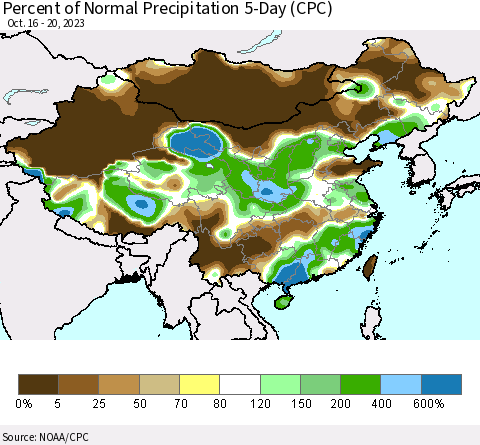 China, Mongolia and Taiwan Percent of Normal Precipitation 5-Day (CPC) Thematic Map For 10/16/2023 - 10/20/2023
