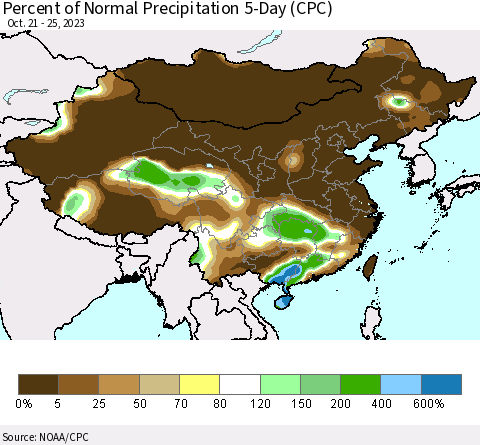 China, Mongolia and Taiwan Percent of Normal Precipitation 5-Day (CPC) Thematic Map For 10/21/2023 - 10/25/2023