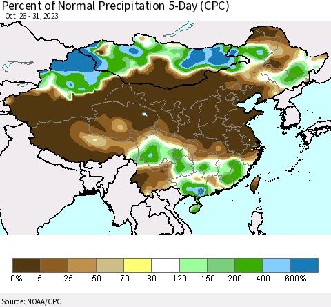 China, Mongolia and Taiwan Percent of Normal Precipitation 5-Day (CPC) Thematic Map For 10/26/2023 - 10/31/2023