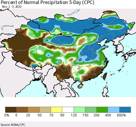 China, Mongolia and Taiwan Percent of Normal Precipitation 5-Day (CPC) Thematic Map For 11/1/2023 - 11/5/2023