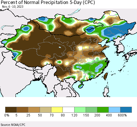 China, Mongolia and Taiwan Percent of Normal Precipitation 5-Day (CPC) Thematic Map For 11/6/2023 - 11/10/2023