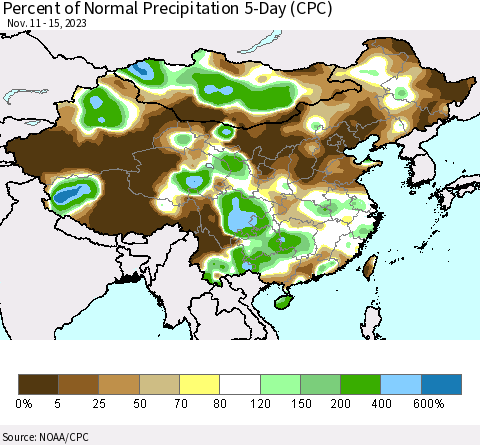 China, Mongolia and Taiwan Percent of Normal Precipitation 5-Day (CPC) Thematic Map For 11/11/2023 - 11/15/2023