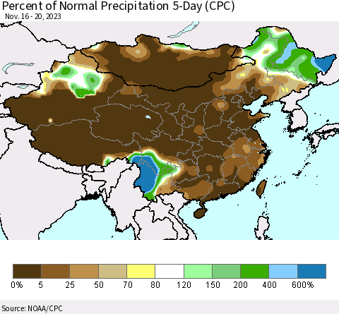 China, Mongolia and Taiwan Percent of Normal Precipitation 5-Day (CPC) Thematic Map For 11/16/2023 - 11/20/2023