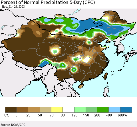China, Mongolia and Taiwan Percent of Normal Precipitation 5-Day (CPC) Thematic Map For 11/21/2023 - 11/25/2023