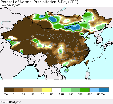China, Mongolia and Taiwan Percent of Normal Precipitation 5-Day (CPC) Thematic Map For 11/26/2023 - 11/30/2023