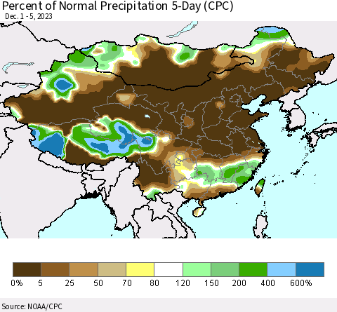 China, Mongolia and Taiwan Percent of Normal Precipitation 5-Day (CPC) Thematic Map For 12/1/2023 - 12/5/2023