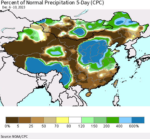 China, Mongolia and Taiwan Percent of Normal Precipitation 5-Day (CPC) Thematic Map For 12/6/2023 - 12/10/2023