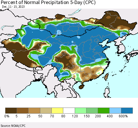 China, Mongolia and Taiwan Percent of Normal Precipitation 5-Day (CPC) Thematic Map For 12/11/2023 - 12/15/2023