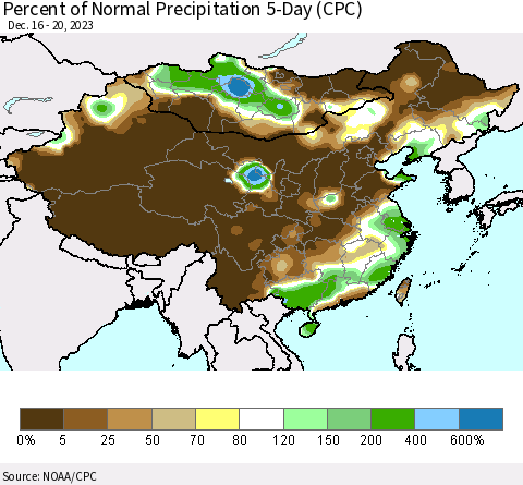 China, Mongolia and Taiwan Percent of Normal Precipitation 5-Day (CPC) Thematic Map For 12/16/2023 - 12/20/2023