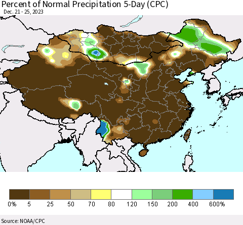 China, Mongolia and Taiwan Percent of Normal Precipitation 5-Day (CPC) Thematic Map For 12/21/2023 - 12/25/2023