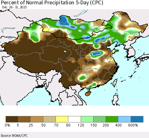 China, Mongolia and Taiwan Percent of Normal Precipitation 5-Day (CPC) Thematic Map For 12/26/2023 - 12/31/2023