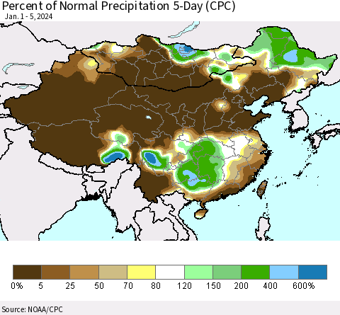 China, Mongolia and Taiwan Percent of Normal Precipitation 5-Day (CPC) Thematic Map For 1/1/2024 - 1/5/2024