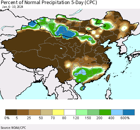 China, Mongolia and Taiwan Percent of Normal Precipitation 5-Day (CPC) Thematic Map For 1/6/2024 - 1/10/2024