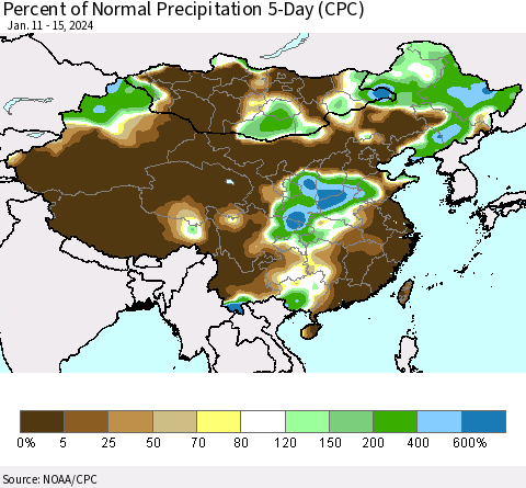 China, Mongolia and Taiwan Percent of Normal Precipitation 5-Day (CPC) Thematic Map For 1/11/2024 - 1/15/2024