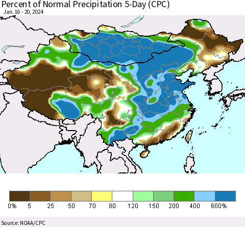 China, Mongolia and Taiwan Percent of Normal Precipitation 5-Day (CPC) Thematic Map For 1/16/2024 - 1/20/2024