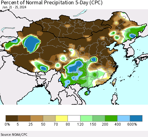 China, Mongolia and Taiwan Percent of Normal Precipitation 5-Day (CPC) Thematic Map For 1/21/2024 - 1/25/2024