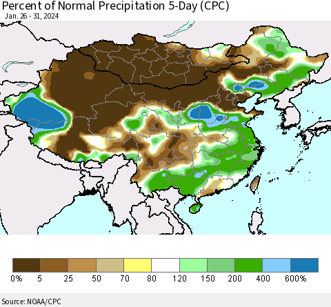 China, Mongolia and Taiwan Percent of Normal Precipitation 5-Day (CPC) Thematic Map For 1/26/2024 - 1/31/2024