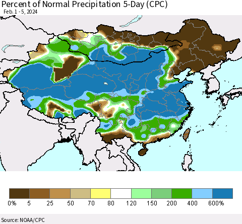 China, Mongolia and Taiwan Percent of Normal Precipitation 5-Day (CPC) Thematic Map For 2/1/2024 - 2/5/2024