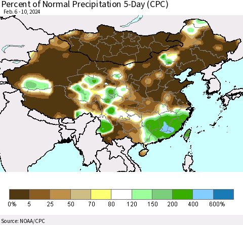 China, Mongolia and Taiwan Percent of Normal Precipitation 5-Day (CPC) Thematic Map For 2/6/2024 - 2/10/2024