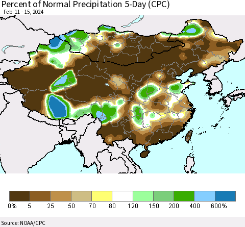 China, Mongolia and Taiwan Percent of Normal Precipitation 5-Day (CPC) Thematic Map For 2/11/2024 - 2/15/2024