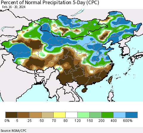 China, Mongolia and Taiwan Percent of Normal Precipitation 5-Day (CPC) Thematic Map For 2/16/2024 - 2/20/2024